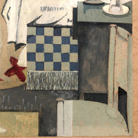 Modernist Gouache Painting on Paper of Woman in Bedroom