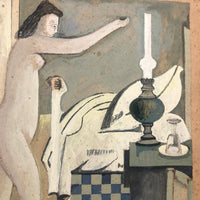 Modernist Gouache Painting on Paper of Woman in Bedroom