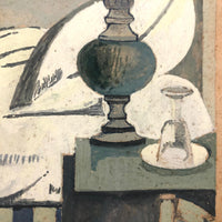 Modernist Gouache Painting on Paper of Woman in Bedroom