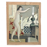 Modernist Gouache Painting on Paper of Woman in Bedroom