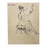Two Trails of Smoke (for Bernice), Charming c 1920s Ink Drawing of Smoking Woman on Pedestal