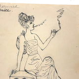 Two Trails of Smoke (for Bernice), Charming c 1920s Ink Drawing of Smoking Woman on Pedestal