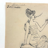 Two Trails of Smoke (for Bernice), Charming c 1920s Ink Drawing of Smoking Woman on Pedestal