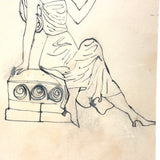 Two Trails of Smoke (for Bernice), Charming c 1920s Ink Drawing of Smoking Woman on Pedestal