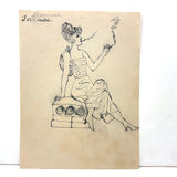 Two Trails of Smoke (for Bernice), Charming c 1920s Ink Drawing of Smoking Woman on Pedestal