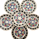 SOLD Black Hearts: Wonderful, Unusual Set of Six Mid 19th Century Stick Spatter/Spongeware Plates