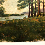 Bank of Trees with View of Water and Mountains, Oil on Canvas Board