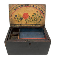 SOLD Henrietta Work's Very Wonderful Work! Mid 19th C. Box with Painted Interior Lid and Drawer