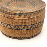 Extremely Fine 1870s-80s Macah Nootka Bear Grass and Cedar Bark Basket with Indigo Design (Some Damage)