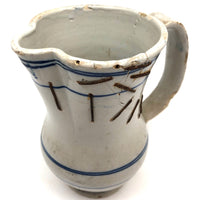 Antique Staple Repaired Hand-thrown Blue and White Stoneware Pitcher