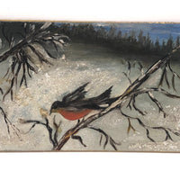 Sweet Little Robin in Winter Painting, Oil with Glitter Snow on Board
