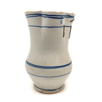 Antique Staple Repaired Hand-thrown Blue and White Stoneware Pitcher