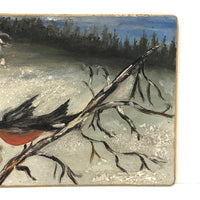 Sweet Little Robin in Winter Painting, Oil with Glitter Snow on Board