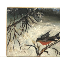 Sweet Little Robin in Winter Painting, Oil with Glitter Snow on Board