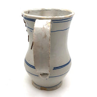 Antique Staple Repaired Hand-thrown Blue and White Stoneware Pitcher