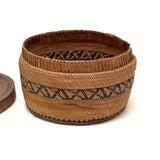 Extremely Fine 1870s-80s Macah Nootka Bear Grass and Cedar Bark Basket with Indigo Design (Some Damage)