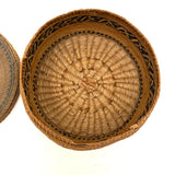 Extremely Fine 1870s-80s Macah Nootka Bear Grass and Cedar Bark Basket with Indigo Design (Some Damage)