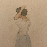 Poised Woman with Back Turned, Small Watercolor on Board