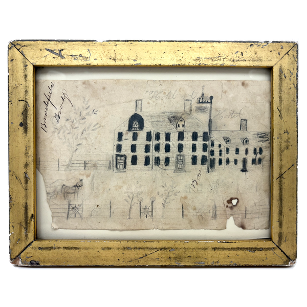 Early 19th Century Ink and Graphite Drawing of Hotel with Church on Horizon in Lemon Gold Frame