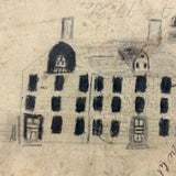 Early 19th Century Ink and Graphite Drawing of Hotel with Church on Horizon in Lemon Gold Frame