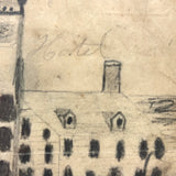 Early 19th Century Ink and Graphite Drawing of Hotel with Church on Horizon in Lemon Gold Frame