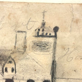Early 19th Century Ink and Graphite Drawing of Hotel with Church on Horizon in Lemon Gold Frame