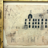 Early 19th Century Ink and Graphite Drawing of Hotel with Church on Horizon in Lemon Gold Frame