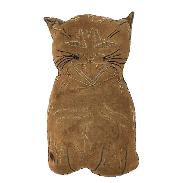 Wonderful Old Hand-embroidered Stuffed Silk Cat Baring Fangs!