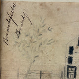 Early 19th Century Ink and Graphite Drawing of Hotel with Church on Horizon in Lemon Gold Frame