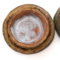 Mid-Century Hand-formed Lidded Pottery Vessel with Shino Interior, Signed Ulli