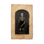 Young Boy with Golden Buttons and Big Stick, Atmospheric and Character-full Antique Tintype in Original Sleeve