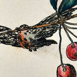 Birds and Berries and Bee, 1916-17 Austrian Ink and Watercolor Hand-drawn Postcard