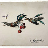 Birds and Berries and Bee, 1916-17 Austrian Ink and Watercolor Hand-drawn Postcard