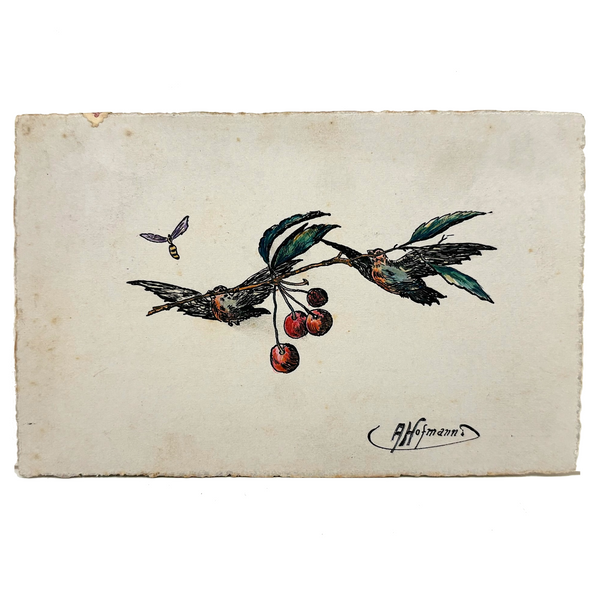 Birds and Berries and Bee, 1916-17 Austrian Ink and Watercolor Hand-drawn Postcard