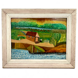 Cottage in Landscape with Figure, Wonderful Charles Rabin c. 1970s Oil on Board Painting