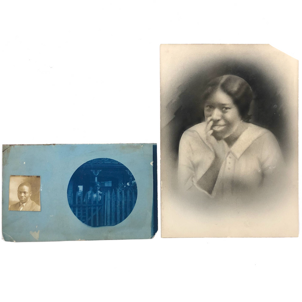 Companions: Waiting at the Gate Cyanotype Postcard with Pasted Photo + Charcoal Portrait
