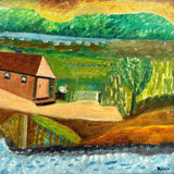 Cottage in Landscape with Figure, Wonderful Charles Rabin c. 1970s Oil on Board Painting