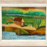 Cottage in Landscape with Figure, Wonderful Charles Rabin c. 1970s Oil on Board Painting