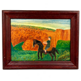 Boy in Green with Boots on Horse in Landscape, Wonderful Charles Rabin Oil on Board Painting
