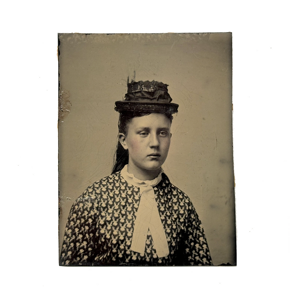 Striking, Painterly, Super Crisp Ninth Plate Tintype of Young Woman with Hat