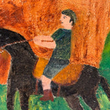 Boy in Green with Boots on Horse in Landscape, Wonderful Charles Rabin Oil on Board Painting