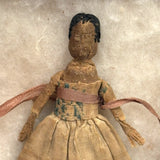 Exquisite Tiny Early Hand-woven Doll with Black Hair and Very Fine Dress, Believed New England