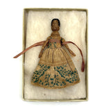 Exquisite Tiny Early Hand-woven Doll with Black Hair and Very Fine Dress, Believed New England
