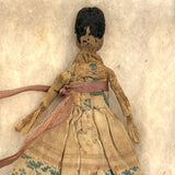 Exquisite Tiny Early Hand-woven Doll with Black Hair and Very Fine Dress, Believed New England
