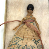 Exquisite Tiny Early Hand-woven Doll with Black Hair and Very Fine Dress, Believed New England