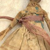 Exquisite Tiny Early Hand-woven Doll with Black Hair and Very Fine Dress, Believed New England