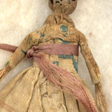 Exquisite Tiny Early Hand-woven Doll with Black Hair and Very Fine Dress, Believed New England