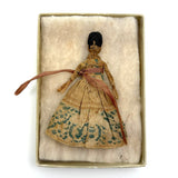 Exquisite Tiny Early Hand-woven Doll with Black Hair and Very Fine Dress, Believed New England