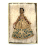 Exquisite Tiny Early Hand-woven Doll with Black Hair and Very Fine Dress, Believed New England
