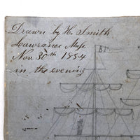 Aboard the Ben Franklin, Wonderful 1854 Naive Drawing with Waving Sailors Everywhere